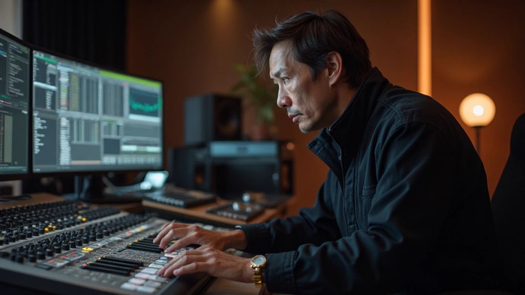 Audio engineer adjusting levels in professional recording studio with high-end equipment