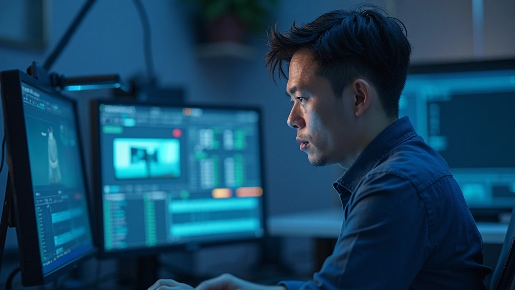 Video editor working with timeline interface on professional editing workstation